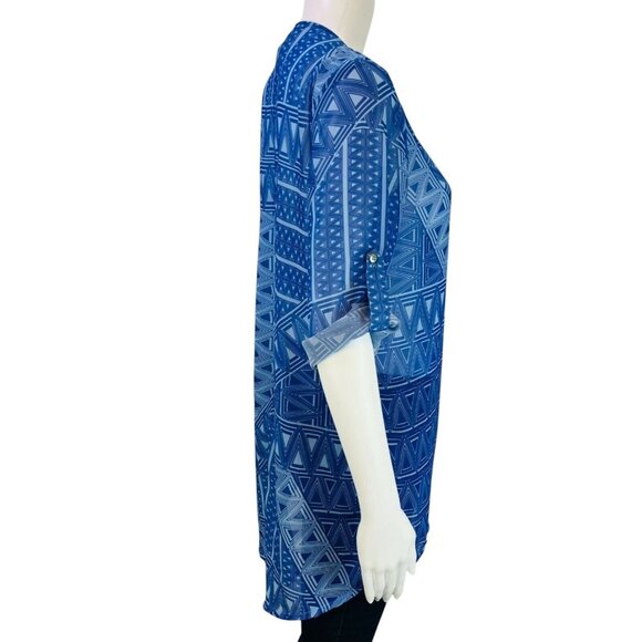 Chicos Tunic Top Byzantine Blue Geometric Semi Sheer Beaded Collar Size 0 | S - Picture 5 of 12
